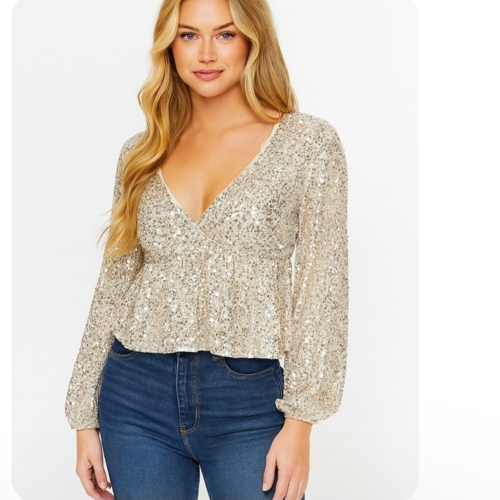 NWT Mi Ami Silver/Champagne Sequin Top Size M V-Neck Lined Bubble Sleeve Sparkle